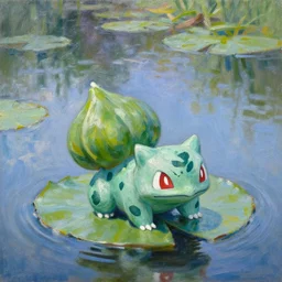 bulbasaur sitting on a lilypad in a beautiful lake, oil on canvas by claude monet
