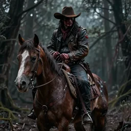 cowboy on a horse. Dark fantasy. Mysterious and horror. trending on artstation, high detail, masterpiece, in the style of Ruan Jia and Brad Rigney