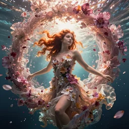 Ginger woman in a swirling sundress of flowers, underwater, floral explosion, radiant light, vortex of plum petals, by WLOP and artgerm, artstation, deviantart