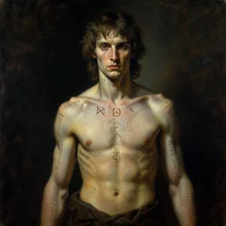 portrait of a young mage, male emaciated, covered in runes runes runes runes, mysterious, painting by greg rutkowski and gustave dore