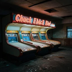photograph of abandoned Chuck E Cheese, atmospheric lighting