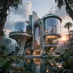 a futuristic architecture design house designed by ( ( le corbusier ) ) frank lloyd wright mies van der rohe louis kahn surrounded by metal, glass and intricate concrete and jungle reflecting water volumetric lighting daytime. alien planet atmosphere. alien animals in forest, vaporwave futurism sunset metal concrete glass windows cloudy skies artstation 8 k photorealism finely detailed unreal engine imax cinematic epic centered rule of thirds bru