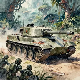 a futuristic double barred battle tank in action, background is an alien jungle, in the foreground armored soldiers are taking cover, detailed futuristic watercolor by kim jung gi