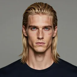 a tall, lean man with light tan skin, blue eyes, and shoulder - length, slicked - back blonde hair combed down to the nape of his neck, long face with sunken cheeks and a well defined jawline, with vertical scars over his left eye, dressed casually, art by charlie bowater and artgerma