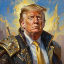 portrait oil painting, perfect expression, subconscious connects, purified consciousness, mad max donald trump, fantasy character portrait, ultra realistic, wide angle, intricate details, world of warcraft, mass effect, artifacts, luminous skies, highly detailed, michael cheval, peter mohrbacher, boris vallejo, jessica rossier, oil painting, highly detailed, cinematic lighting, unreal, natural tpose