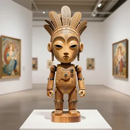 a very very cute wooden mystical statue robot of the african mask vegetal cyberpunk in a contemporary art gallery in neo tokyo artwork line art by alphonse mucha