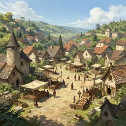 concept art, a beautiful highly detailed display of a fantasy small medieval open exterior market of a small town, poor, small, bright, noon light, realistic daylight lighting poster by jeremy lipkin