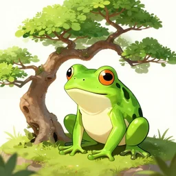 a frog next to a bonsai tree, digital art, illustration, trending on artstation, anime style, well detailed, 8k