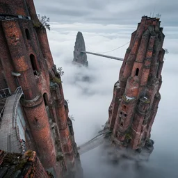 looking down from brick babel wizard towers poking out of the clouds below, connected with hanging bridge!!, babel, vertigo, huge distance, by craig mullins, by ruan jia!, ( ( dr sues ) ), cold, dramatic lighting