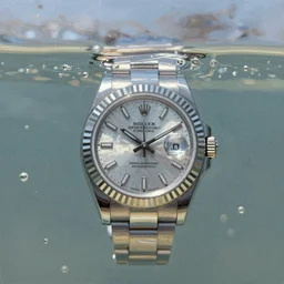 rolex watch submerged in transparent water, ultra realistic, bubbly water, natural colors, oil painting style