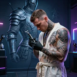 tattoo artist beats tattoo robe, background engraving details in armor, artwork, octane rendering, 8 k environment,, neon, high detail, 8 k, hdr, studio, matte painting, environment, digital illustration, artstation, byshardula, by kuvshinov