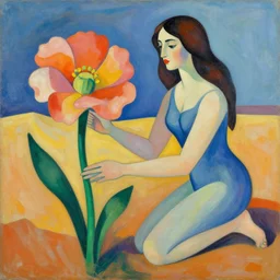 woman woman gathers a magnificent flower blooming in the desert, abstract art in the style of cubism and georgia o keefe