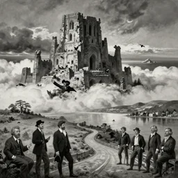 painting by rhads, sargent and leyendecker and greg hildebrandt, apollinaris vasnetsov, savrasov levitan polenov, studio ghibly style mononoke, huge old ruins giovanni paolo panini, monochrome, middle earth above the layered low clouds road big lake wide river coast sea bay view faroe azores overcast storm masterpiece