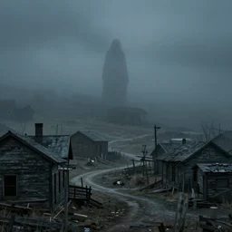 Misty ghost town, with a dark shadow of ghosts