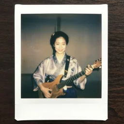 1 9 7 0 s polaroid of a female japanese folk musician gently smiling, hazy, faded
