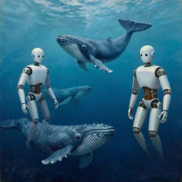 robots swim in the deep sea with whales, grant wood, pj crook, edward hopper, oil on canvas
