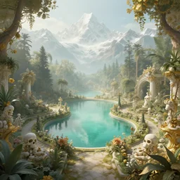 a baroque style artwork of a paradise garden, a land of the dead, divine, hazy, volumetric lighting, snowy summits in the background, vast turquoise lake, lush flora, empty, spacetime bending, very detailed, serene, gold accents, washed out colors, beautiful artwork, master level composition, raytracing