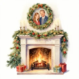 greeting card artwork, watercolor painting of a fireplace decorated for chistmas with a family portrait above in the style of thomas kinkade