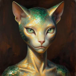 detailed portrait in femininity, alien, feline, realistic face sculpted features, large clear eyes, statuesque model, opalescent skin, high collar, warm glow, bathed in light, chiaroscuro, shimmering scales, biomorphic, angular impressionism, radiant, deep rich tones, burnt umber and emerald color palette, illustration