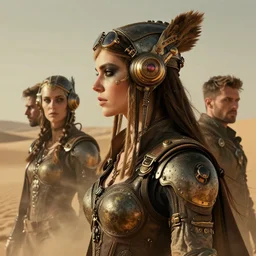 sideview face portrait of a steampunk desert empress. by vincent di fate, james jean, dom qwek. inspired by igor goryunov andrei riabovitchev. madmax aesthetics. atmospherical, photorealistic retrofuturist concept art, trending on art station, cinematic, ultra detailed