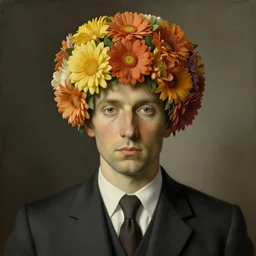 portrait of man in a suit, his head is made out of flowers, by rene magritte, detailed painting, hd, hq, high resolution, high detail, 4 k, 8 k