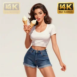 modern woman | hyperrealistic | action pose | digital painting | trending on artstation | pinup portrait | clean | illustration | dressed | unreal engine 5 | 8 k resolution | ice cream is the theme | single image of a woman centred | by greg rutkowski and mel ramos