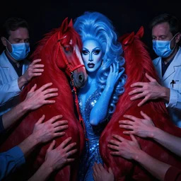 zeiss lens photograph annie leibowitz only with blue drag queen in love with a red stallion too many hands in all directions doctors mask in the style of gottfried helnwein chiaroscuro intricate composition blue light by caravaggio insanely quality highly detailed masterpiece red light
