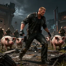 duke nukem battling his way through a destroyed la, night, ran, pigsoldiers, rendered in cryengine, volumetric lighting, rtx on
