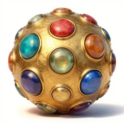 a golden metal ball with polished colored stones on each face, fantasy artifact art, artstation, highly detailed
