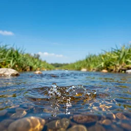 last drop of a river evaporating in slow motion, blue sunny sky, saturated colors, hyper detailed photorealistic