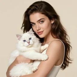 a young woman holding a white siberian kitten in the style of a drew struzan movie poster