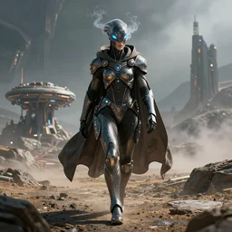 a strong alien with glowing smokey eyes wearing sleek body armor with glowing parts and a flowing cloth poncho walks towards a distant outpost on a vast alien landscape, dramatic lighting, light fog, 8 k cg render, highly detailed, trending on artstation