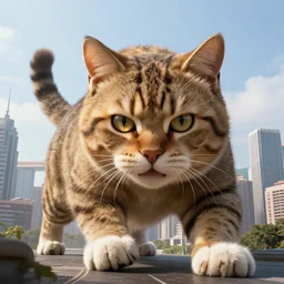 very big cat, massive, attacking a city