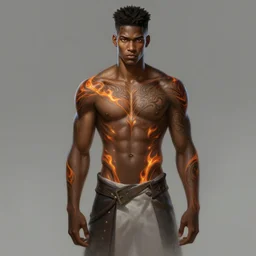 a highly detailed illustration of attractive young african guy with flat top hair with flaming tattoos, dramatic standing pose, intricate, elegant, highly detailed, centered, digital painting, artstation, concept art, smooth, sharp focus, league of legends concept art, wlop