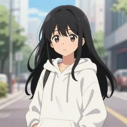 black haired girl wearing hoodie, city bright daylight, anime epic artwork, yoh yoshinari