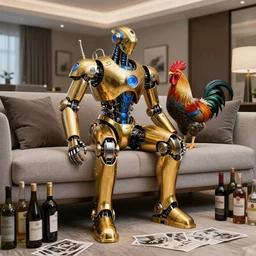 portrait photo of a shiny golden and blue metallic futuristic steampunk humanoid robot and a rooster on a sofa in a modern hotel room, many bottles on the floor, pressphoto, insanely detailed, wide shot