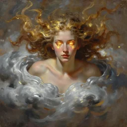 portrait of goddess of love hovering, her body obscured by silver clouds, her eyes flaming with gold, her hair flowing and her face stern, by Jeremy Mann, stylized, detailed, loose brush strokes, warm tones, realizing, beautiful face
