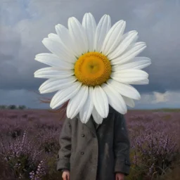 portrait, enormous daisy flower head, a girl wearing coat in a heather field, surreal photography, wind and cold, dramatic sky, impressionist painting, digital painting, artstation, simon stalenhag