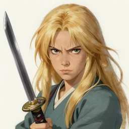 woman blond angry portrait with katana, art by studio ghibli and greg rutkowski and artgerm and ilya kuvshinov, portrait, d & d, fantasy, highly detailed, digital painting, headshot, trending on artstation, concept art, sharp focus, illustration art by artgerm and greg rutkowski and alphonse mucha