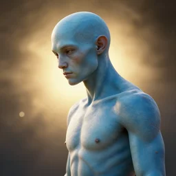 a sentient humanoid from a newly discovered planet. it has evolved to live in extreme weather, it's smooth light blue skin is punctuated by brown freckles, and subtle creases, it is a young adult male with a hunter gatherer physique, portrait photograph, 3 / 4 profile, glancing down in thought, volumetric lighting, golden ratio composition, strong backlight, poster, highly detailed, sharp focus, bokeh, hyperrealism
