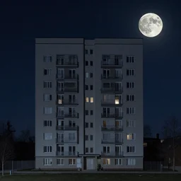 a single apartment building in a moonlit night in the style of peter mohrbacher and jacek yerka, symmetrical composition