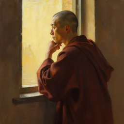 oil painting of a monk in robes, looking out a window contemplatively, digital art, artstation, cinematic, golden hour, digital art painting by greg rutkowski