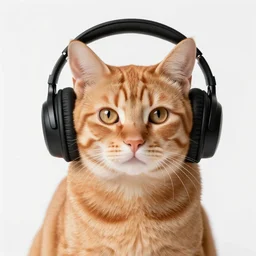 a cute orange tabby cat with large black headphone on, by aaron blaise