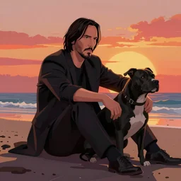 keanu reeves as john wick sitting on a beach, black pitbull besides him, looking into the sunset, concept art by jama jurabaev cel shaded cinematic shot trending on artstation high quality brush stroke hyperspace vibrant