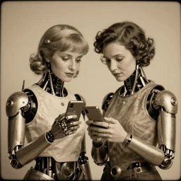 a beautiful ultradetailed vintage photo of two cyborgs looking at their cellphones, by tom bagshaw and anna dittman, couples portrait, vignette, 3 5 mm lens, golden ratio composition, detailed faces, studio photography, very detailed, humanoids, industrial robots, artstation, 8 k, highly coherent