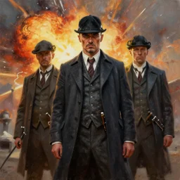 oilpainting of the peaky blinders with an explosion in the background, artstation