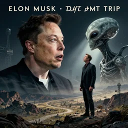 surrealism album cover of elon musk ’ s dmt trip where he speaks to alien intelligence,