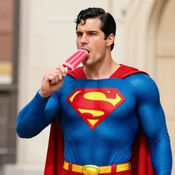 a photo of superman eating a red popsicle