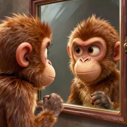 lofi monkey in front of a mirror reflecting anger facial expression of a human face, Pixar style by Tristan Eaton Stanley Artgerm and Tom Bagshaw, high detail