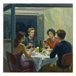 an edward hopper painting of a young gen z group of friends having wine at a dinner party